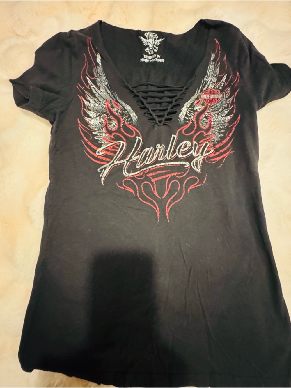 Harley-Davidson Black Lace-Up V-Neck Tee with Winged Flame Graphic